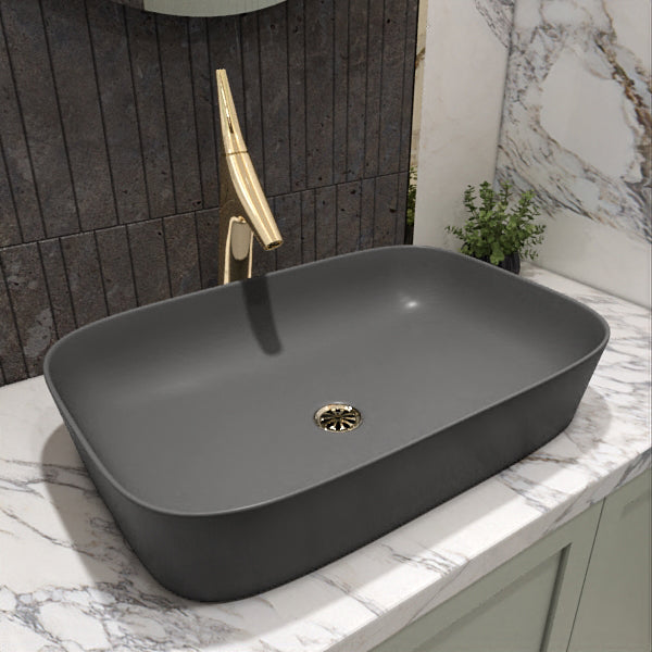 Grooming area- Modern life thunder grey basin with Essential capsule black mirror combo
